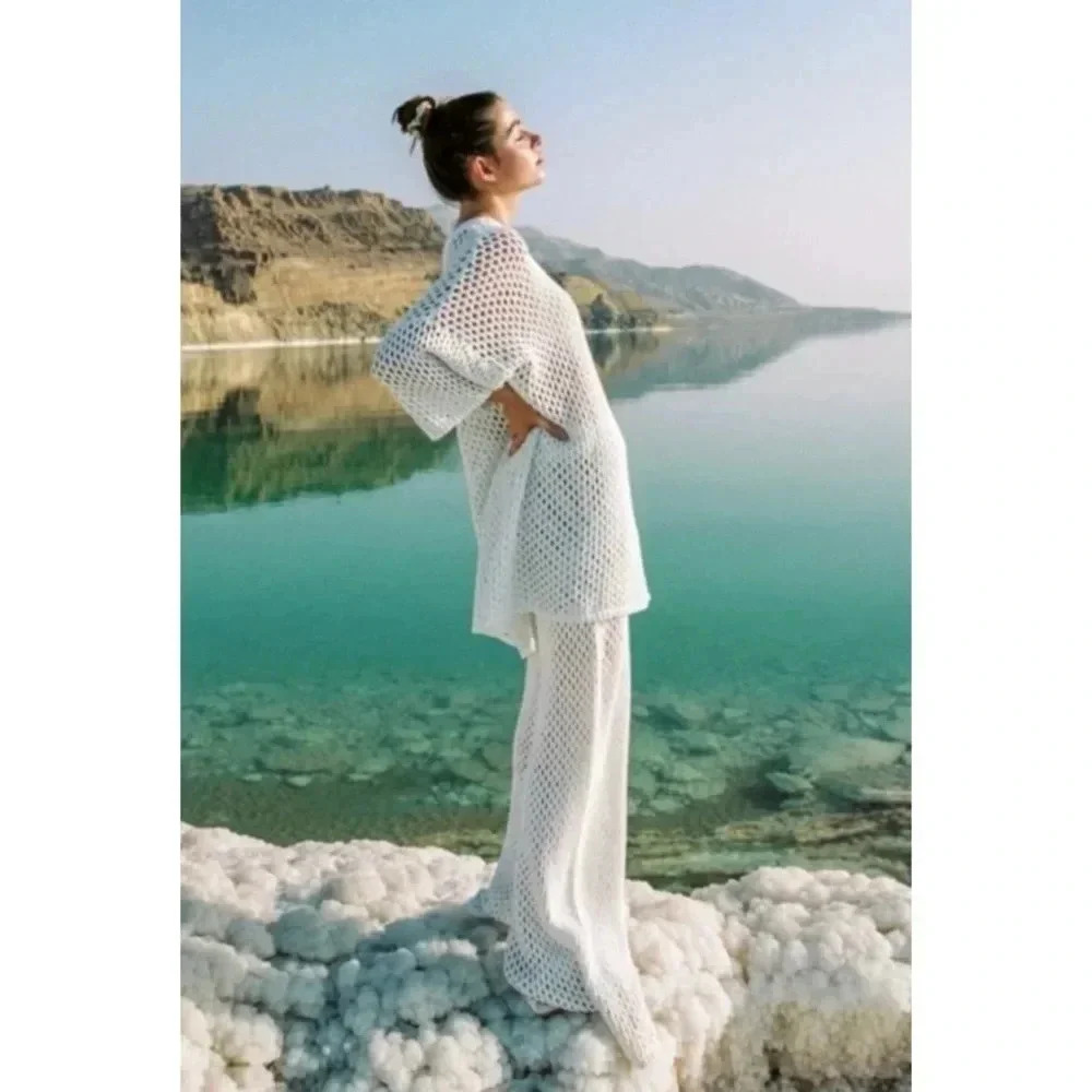 NWT Free People Kinga Csilla Swell Knit Wide-Leg Pants White Large